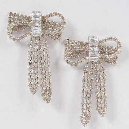 Crystal Bow Drop Earrings Silver