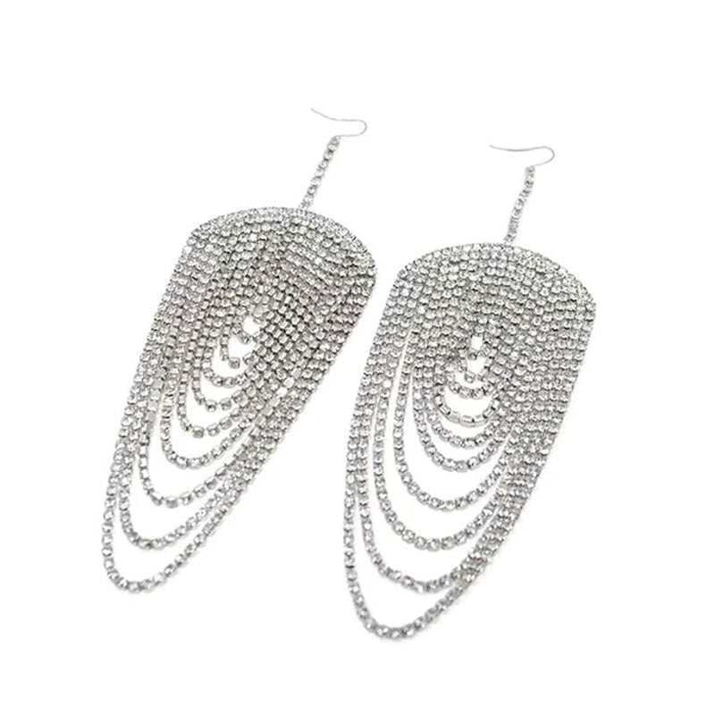 Multi Layer Rhinestone Tassel Earrings - Silver
