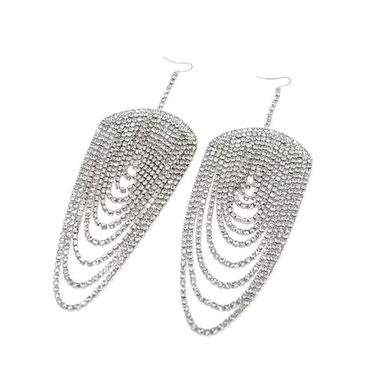 Multi Layer Rhinestone Tassel Earrings - Silver