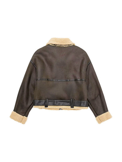 Classic Brown Lambswool Lined Leather Splice Short Jacket