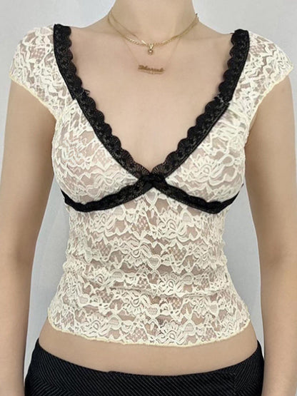 White Y2k V Neck Short Sleeve Tee with Colour Block Lace