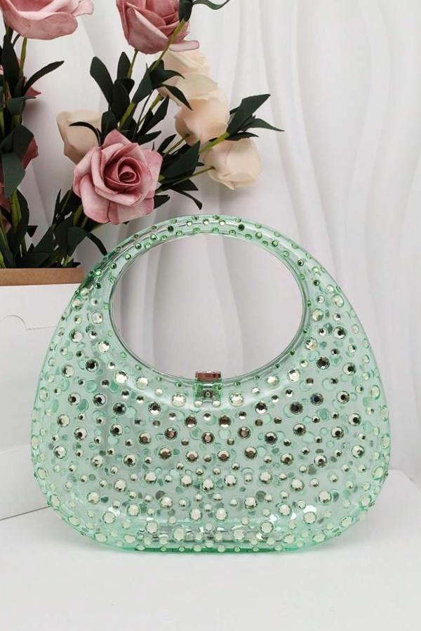Bolso de mano de acrílico con adornos de diamantes 
