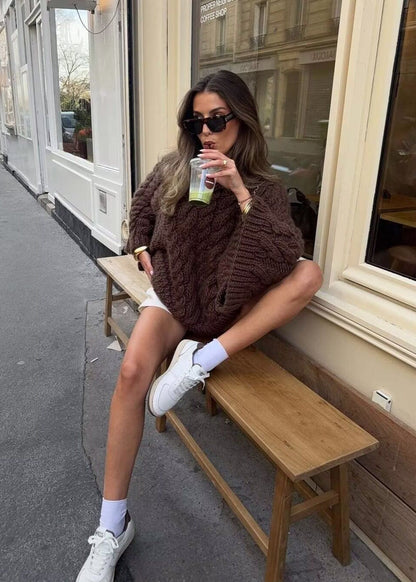 Celeste – Chunky Cable Knit Sweater in Chocolate Brown