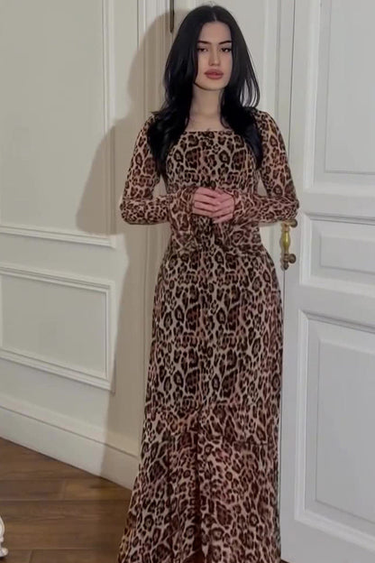 Asymmetrical Leopard Chiffon Panel Maxi Dress