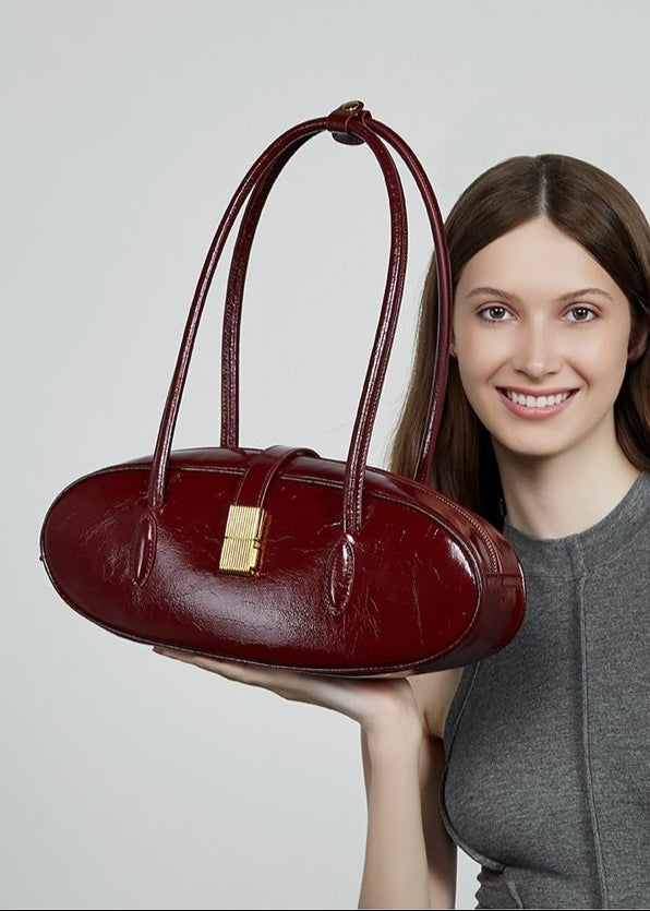 Oval Patent Leather Top Handle Bag – Chic Structured Handbag for Women