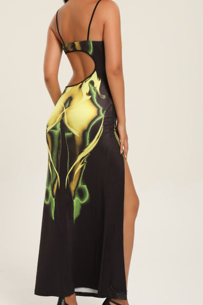 Sexy Hollow Slit Flame Print Bodycon Maxi Dress