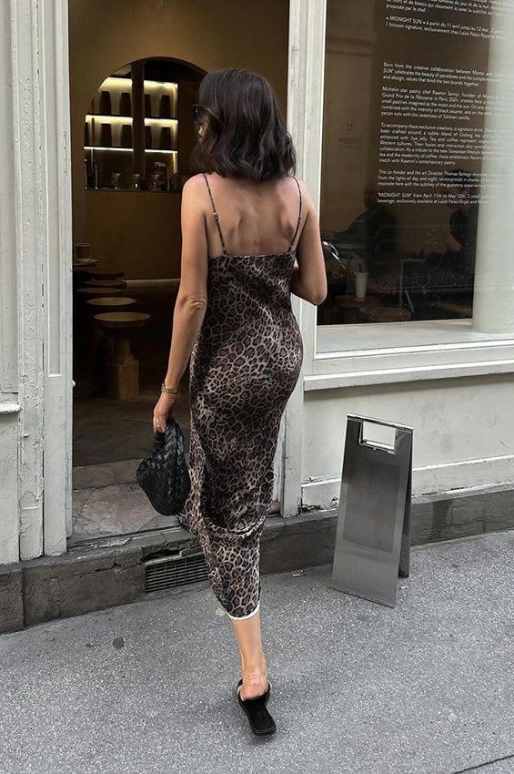 Slim Fit Leopard Print Ruched Waist Maxi Dress