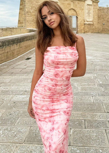 Blush Bloom – Ruched Floral Maxi Dress with Spaghetti Straps