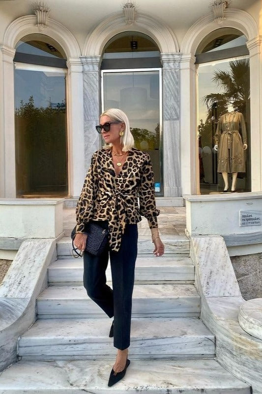 Leopard Print V-Neck Tie Long Sleeve Blouse