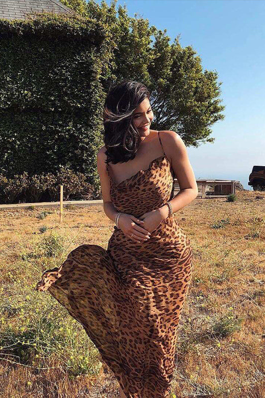 Sexy Leopard Spaghetti Strap Backless Maxi Dress