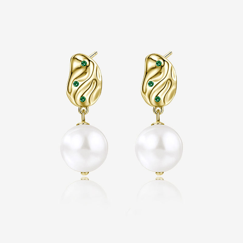 Emerald CZ Hammered Baroque Pearl Drop Earrings