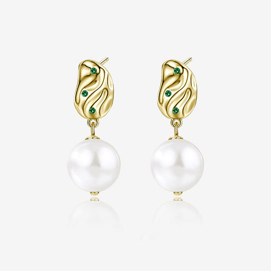 Emerald CZ Hammered Baroque Pearl Drop Earrings