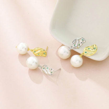 Emerald CZ Hammered Baroque Pearl Drop Earrings