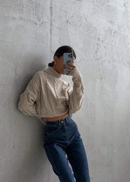 Cable Knit Cropped Turtleneck Sweater – Women’s Chunky Knit Pullover