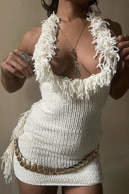 Fringe Detail Backless Mini Dress