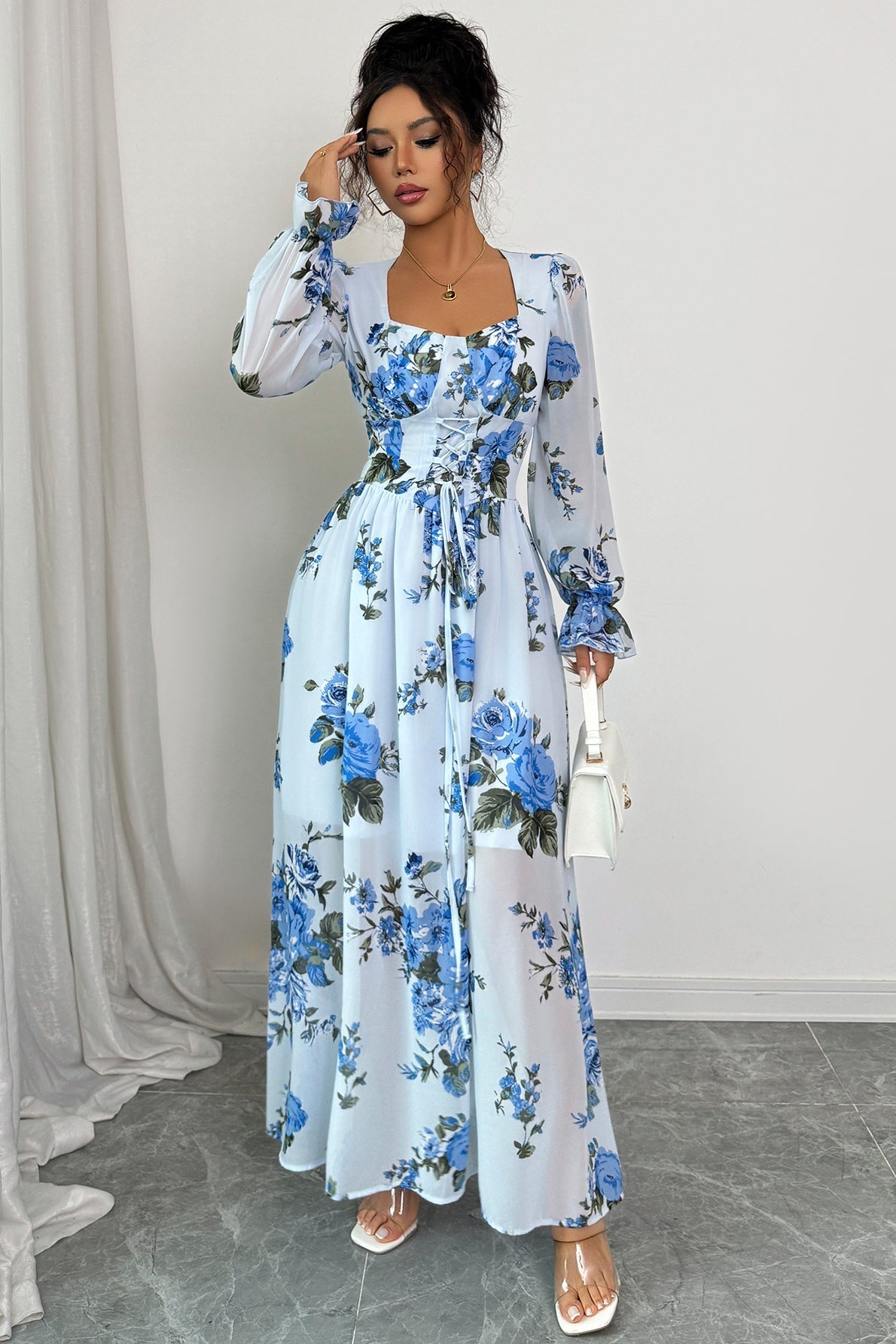 Simple Floral Long Sleeve Maxi Dress