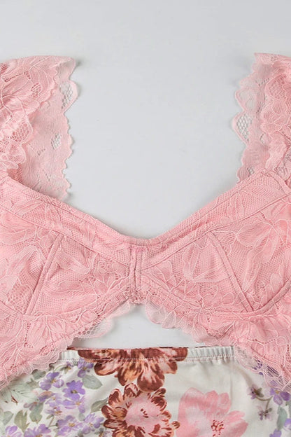 Flower Print Lace Trim Backless Floral Dress