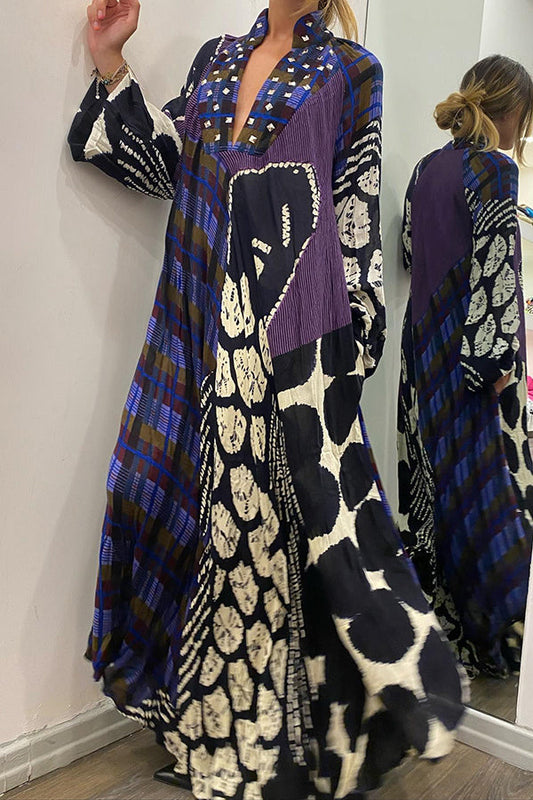 Vestido camisero largo de manga larga con bolsillos y estampado creativo en bloques de colores