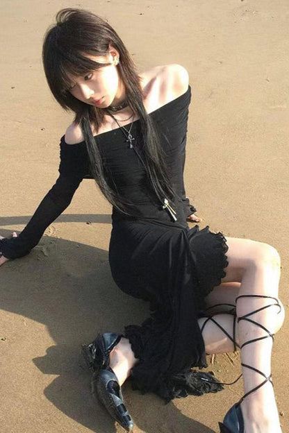 Fashionable Ruffle Hem Split Bodycon Maxi Dress