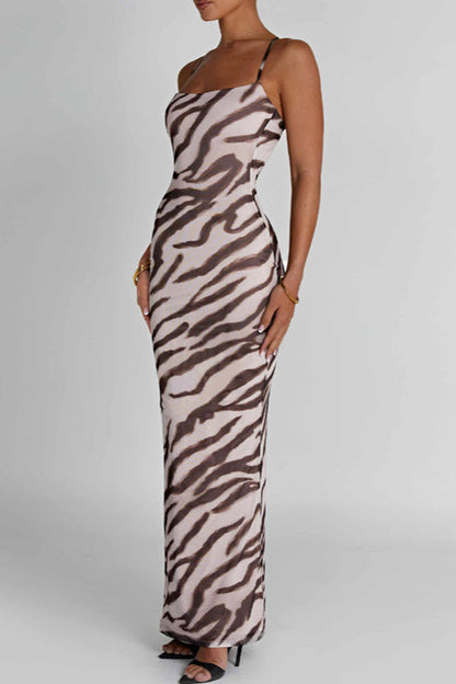 Sexy Open Back Printed Slim Fit Maxi Dress