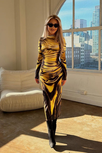 Floral Print High Waist Long Sleeve Bodycon Maxi Dress