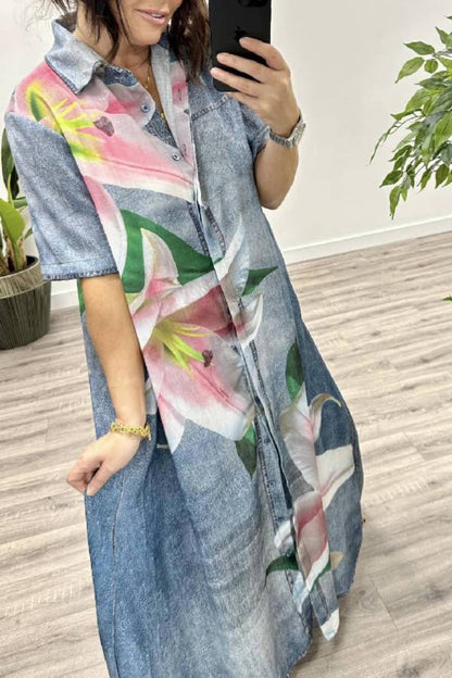 Vestido camisero largo con bolsillos y estampado de orquídeas en tela vaquera sintética