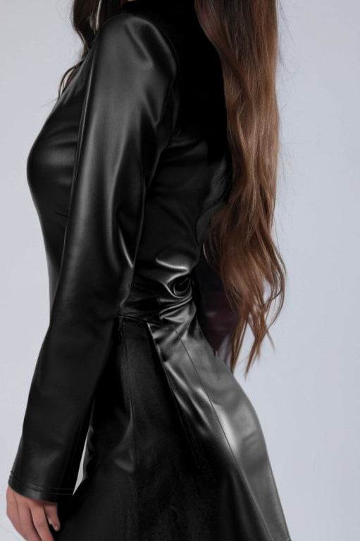 PU Leather Pleated Long Sleeve Mini Dress