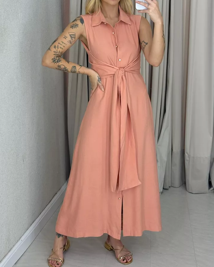 V-Neck Sleeveless Solid Color Waist Dres