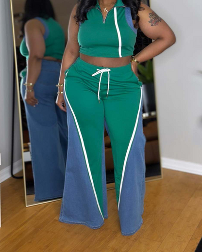 Denim Patchwork V-Neck Wide-Leg Trousers Suit