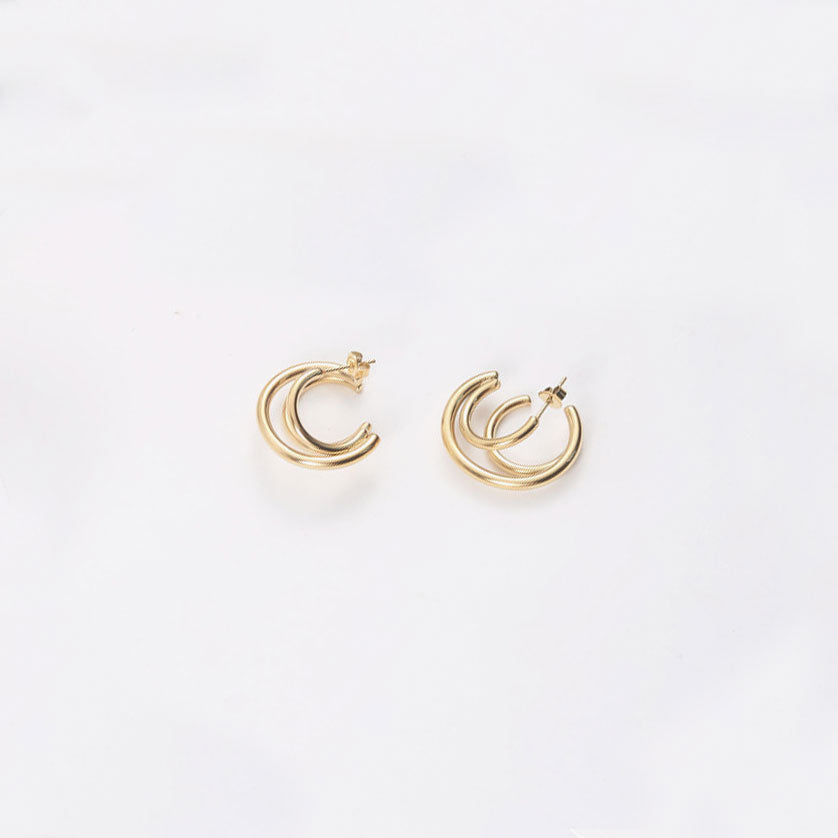 Gold Tone Triple Circle Double Hoop Earrings