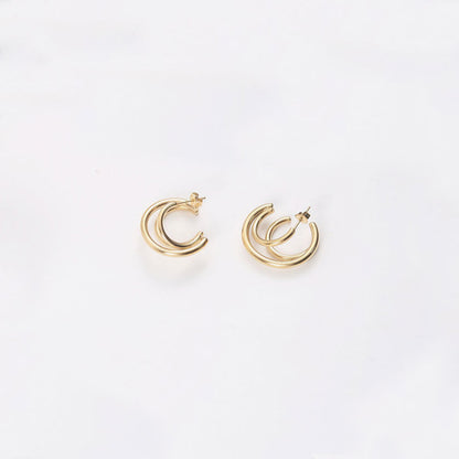 Gold Tone Triple Circle Double Hoop Earrings