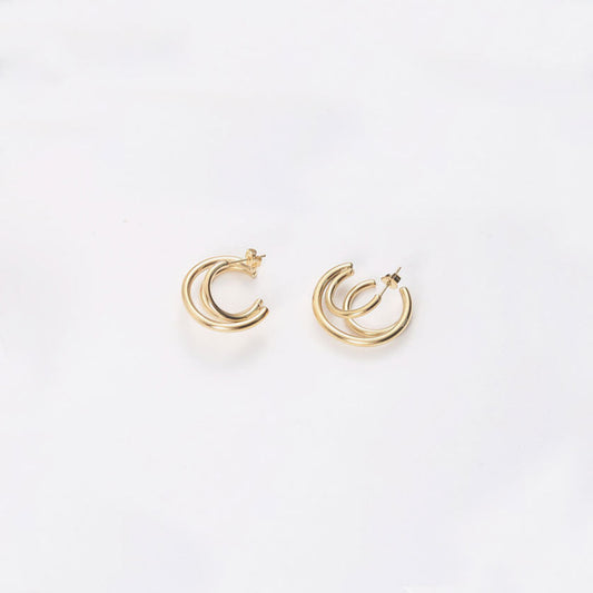 Gold Tone Triple Circle Double Hoop Earrings