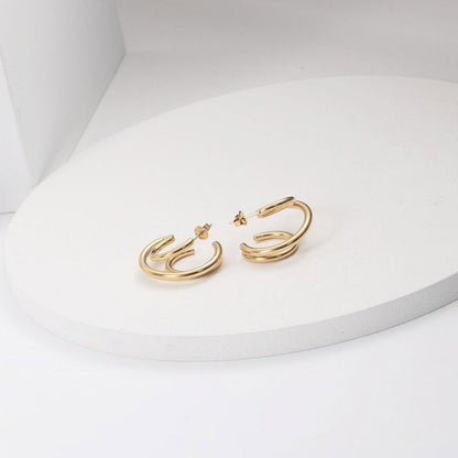 Gold Tone Triple Circle Double Hoop Earrings
