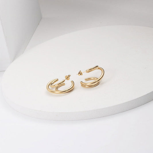 Gold Tone Triple Circle Double Hoop Earrings