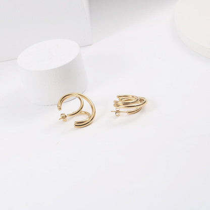 Gold Tone Triple Circle Double Hoop Earrings