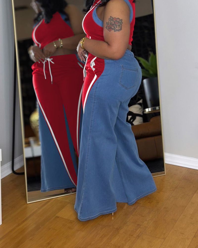 Denim Patchwork V-Neck Wide-Leg Trousers Suit