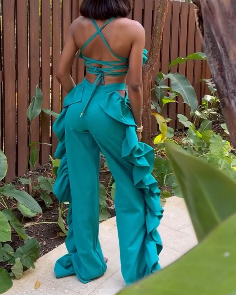 Ruffled High-Waist Wide-Leg Pants Suit