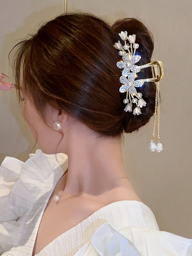 1PC Hair Claws Hair Claw For Wedding Party Evening Birthday-Glitter Imitation Pearl Rhinestone Alloy Metal Bell Orchids Gold Fashion Nonslip for Women