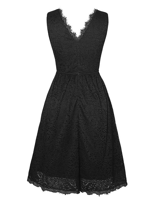 1950s Vintage Vintage Dress Midi Dress Date Vacation Lace Plain V Neck Sleeveless  Black White S M L XL for Women
