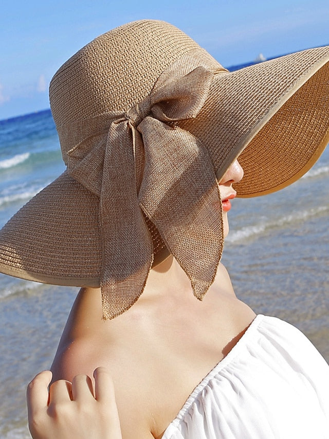 1 pcs 5.5 Inches Big Bowknot Straw Hat Large Floppy Foldable Roll up Beach Cap Sun Hat UPF 50 for Women