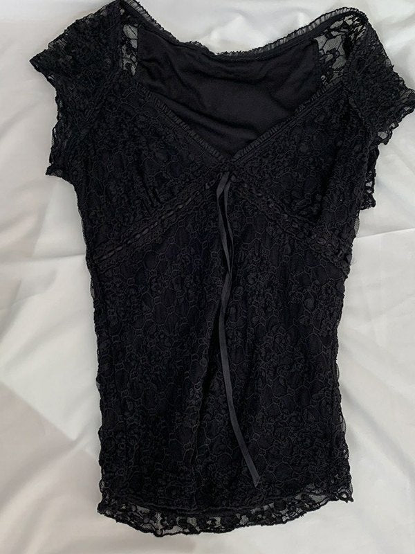 Black Y2k V Neck Tie Front Lace Blouse