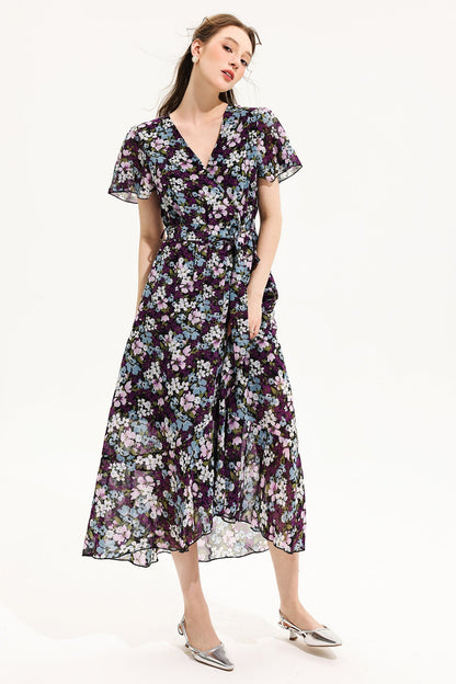 Vestido midi de manga corta con escote en V y estampado floral amarillo 