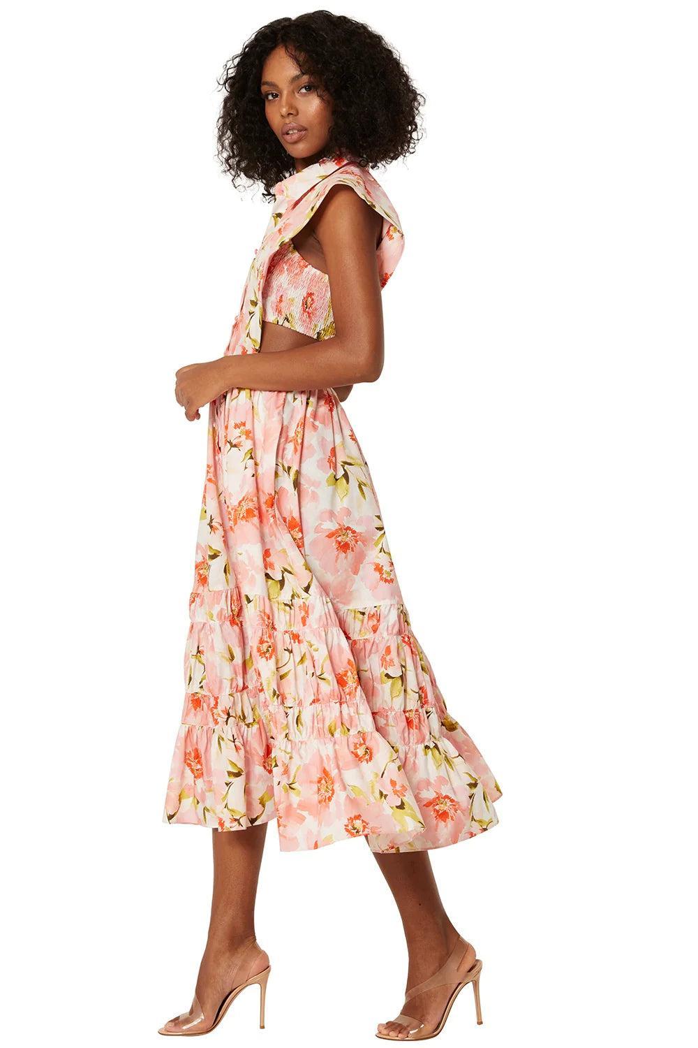 Vestido midi elástico fruncido con hebilla y cuello de solapa floral 