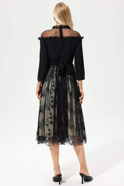 Vestido midi de encaje con cuello redondo y manga larga, color negro 