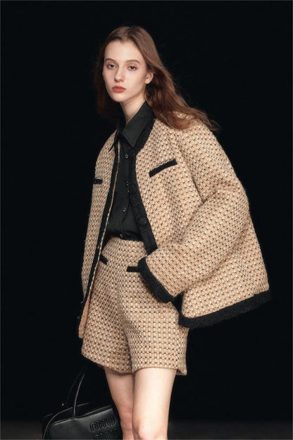 Chaqueta acolchada de tweed con cuello redondo 