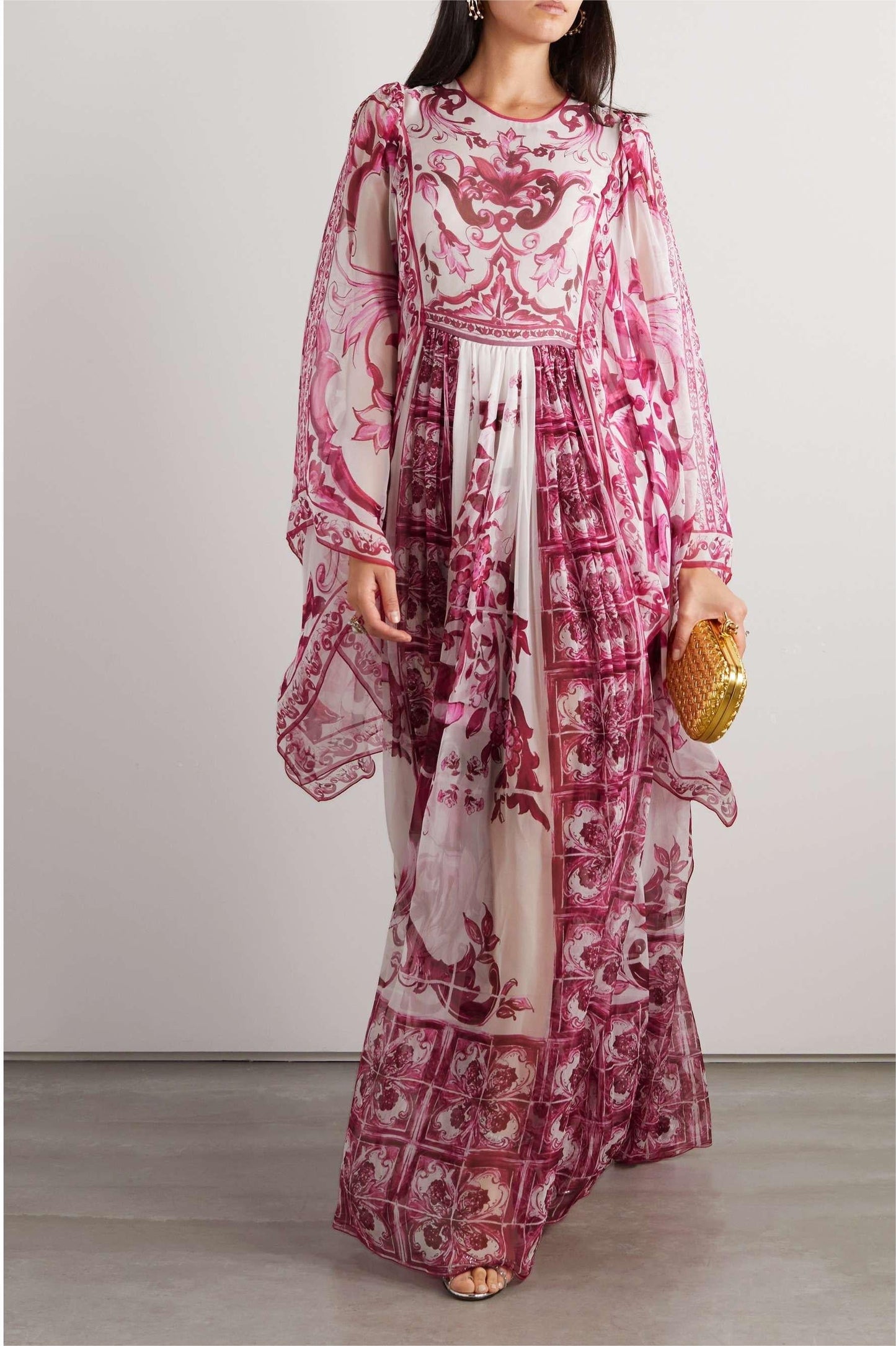 Vestido midi con cuello redondo y mangas abullonadas de cachemira 