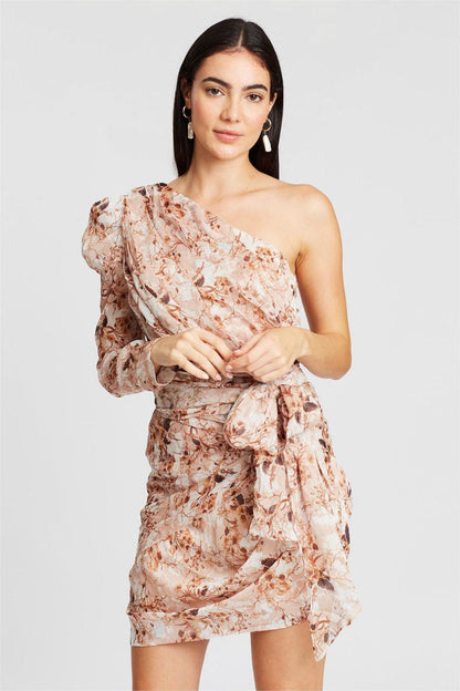 Minivestido floral con un solo hombro y cordones 