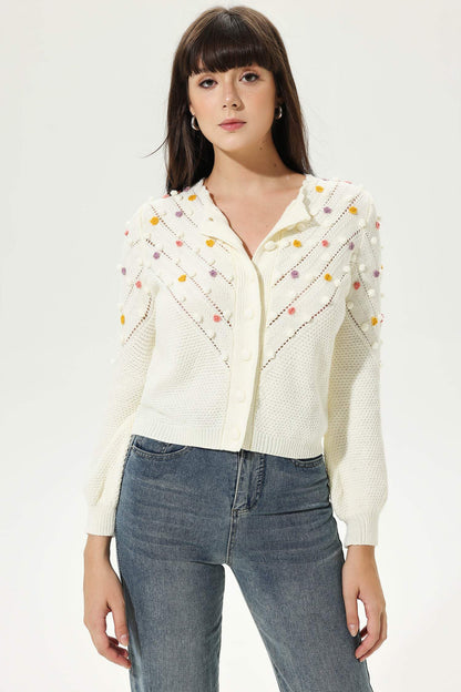 Cárdigan de punto de cuello redondo y manga larga en beige 