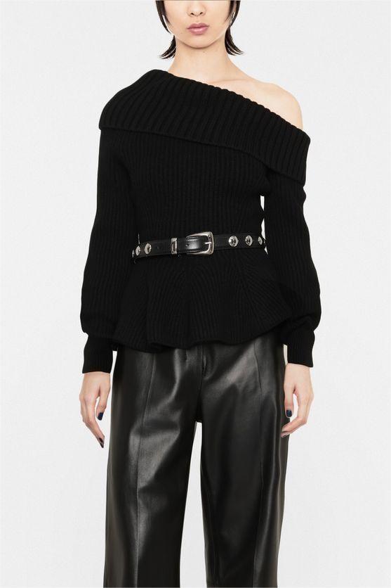 Suéter de punto de manga larga con cuello diagonal 