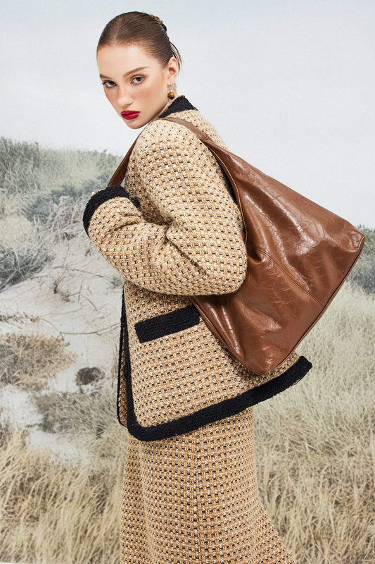 Solid Faux Leather Large Capacity Tote Shopper Bag Brown